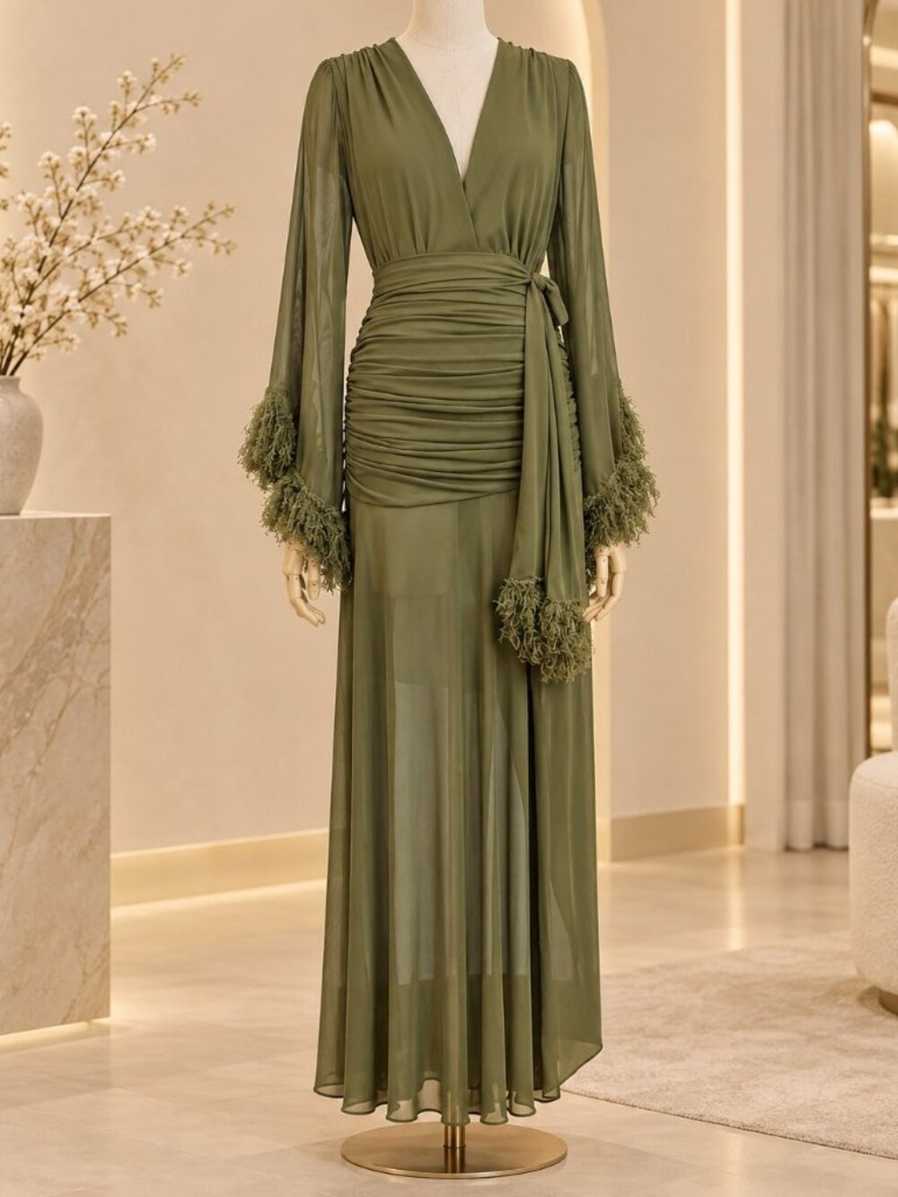 Green Elegant Women's Deep V-Neck Ruched Waist Maxi Dress - Picture 5 of 5
